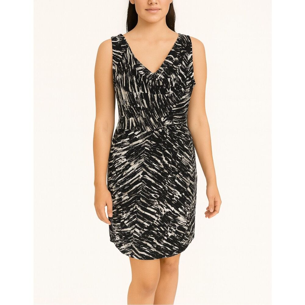 LK Bennett 100% Silk Black/White Print Faux Wrap Sleeveless Draped Midi Dress 6